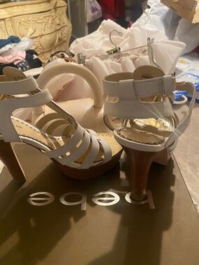 bebe White Strappy Heeled Sandals with Gold Footbed